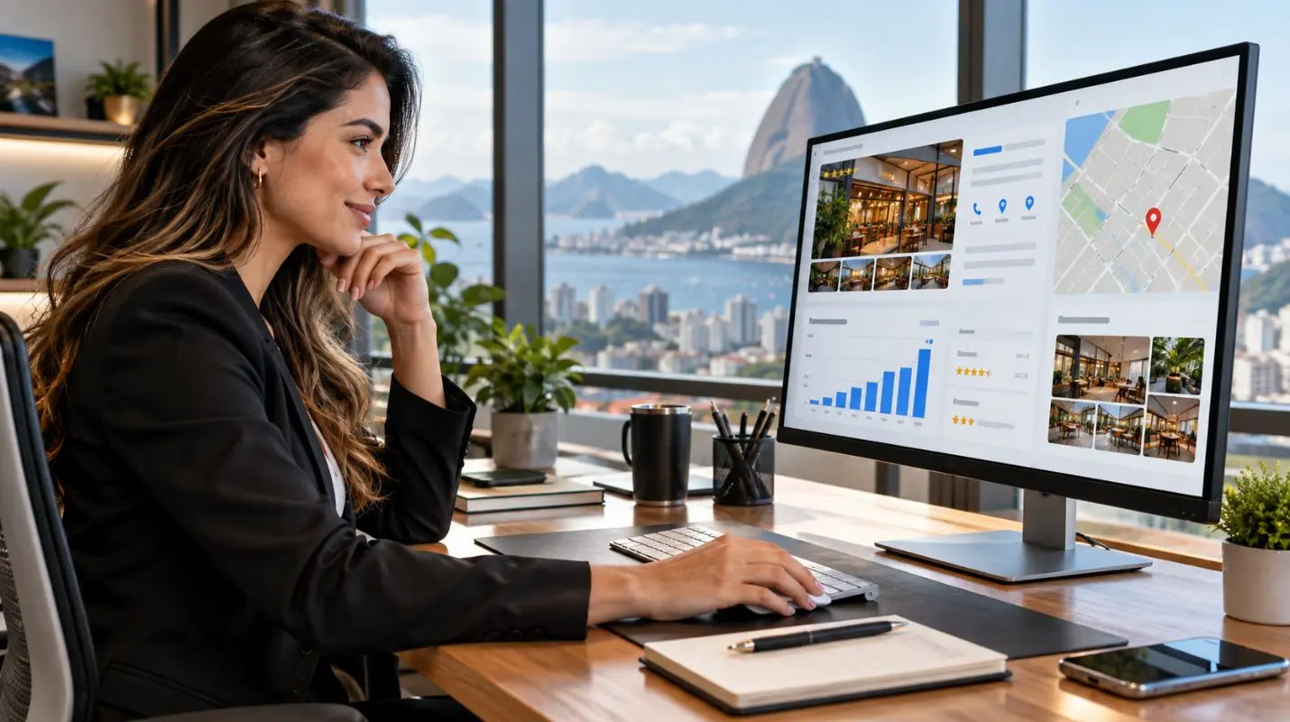 Profissional trabalhando em computador com informações de presença digital e Google Meu Negócio