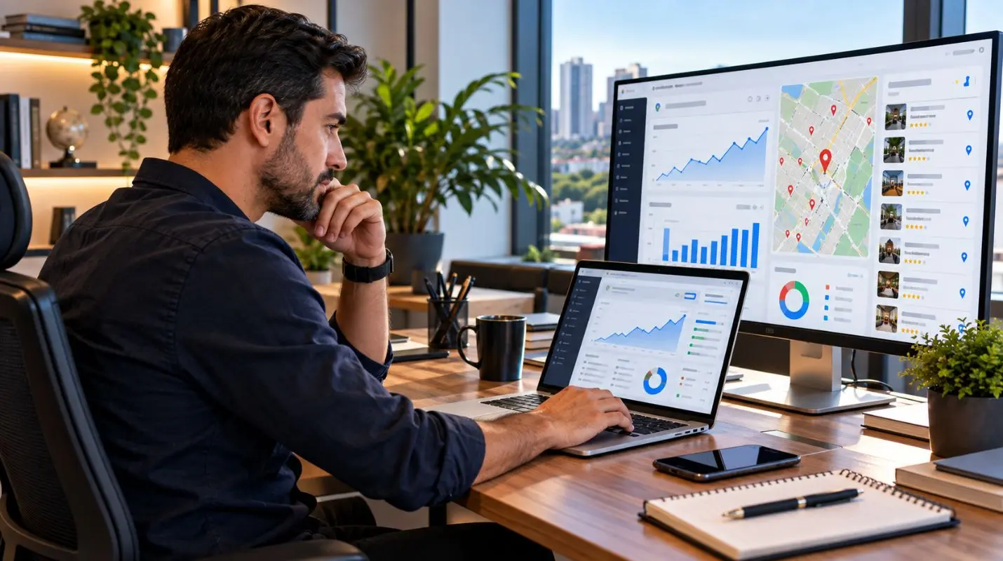 Profissional analisando indicadores de SEO local e presença digital de empresas