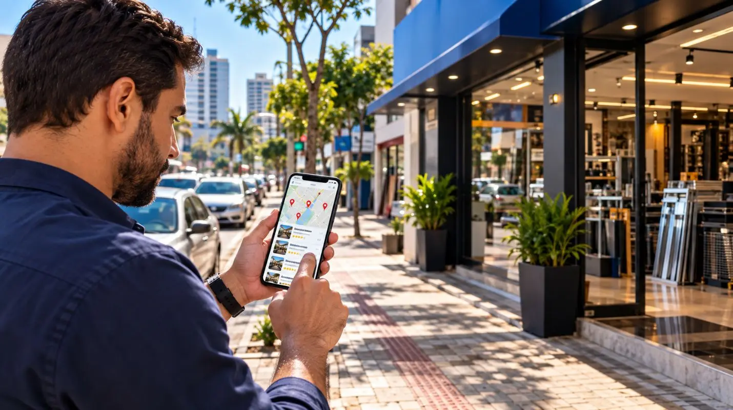 Pessoa pesquisando estabelecimentos próximos pelo celular em uma área comercial